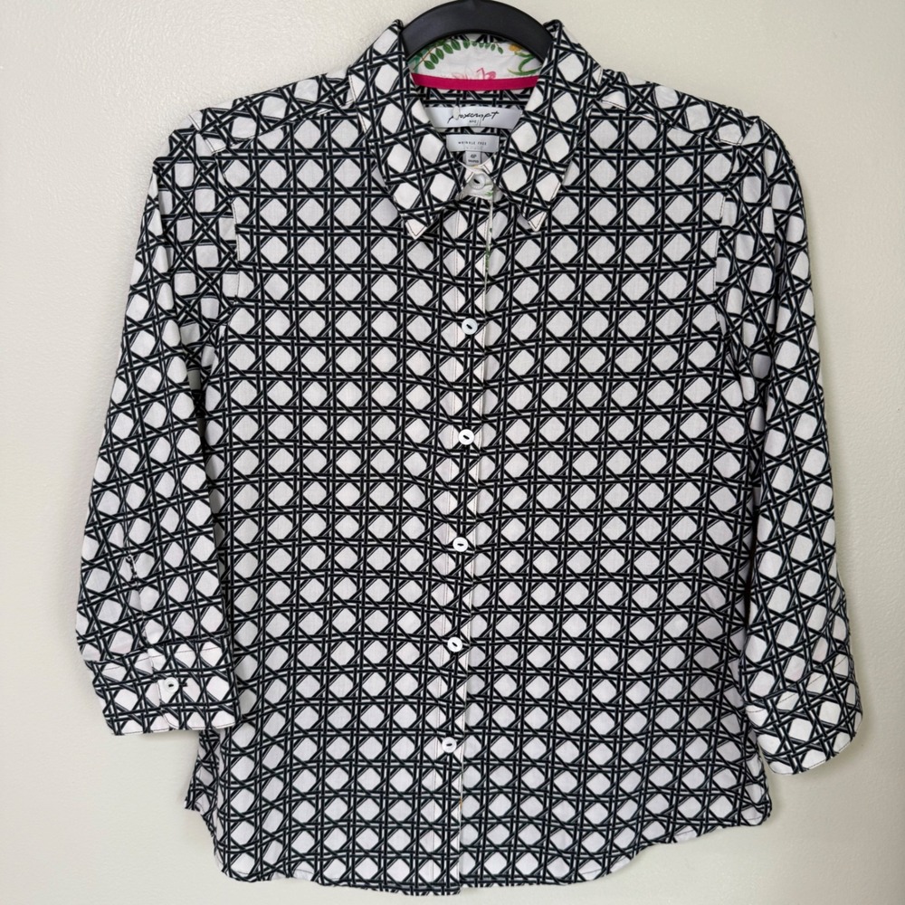 Foxcroft NYC Wrinkle Free Button Down Shirt Black White Floral Trim Petite‎ 4P